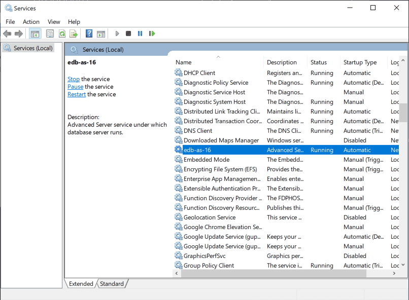 The EDB Postgres Advanced Server service in the Windows Services window